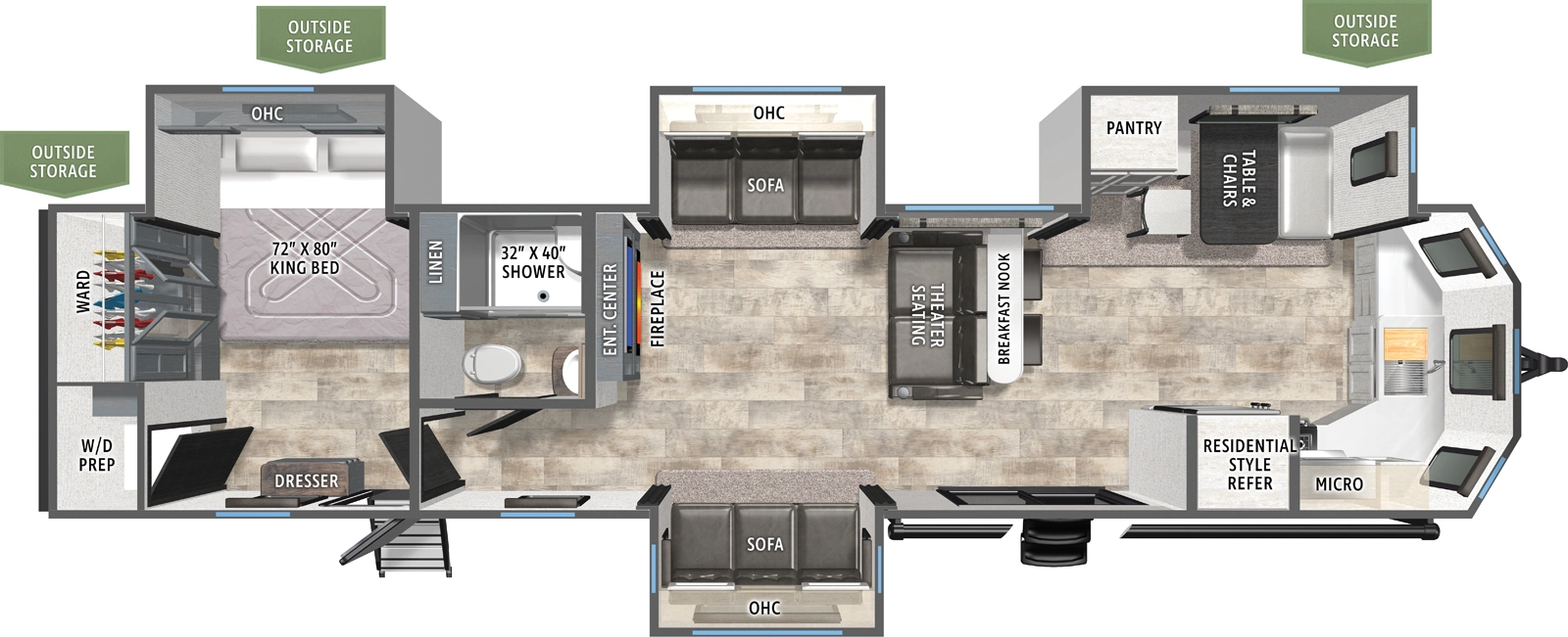 The Puma Destination 39FKL floorplan has two entries and four slide outs. Exterior features include: metal exterior and 21' awning. Interiors features include: front kitchen and rear bedroom.